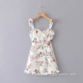 Women New Linen Leaf Print Hollow Out Dress